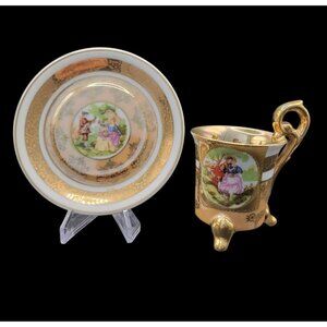 Vintage EW Japan 585 Victorian Porcelain Demitasse Cup & Saucer Set w/ Gold Trim